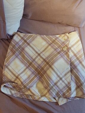 Aeropostale Cream and Brown Plaid Mini Skirt with Side Buttons